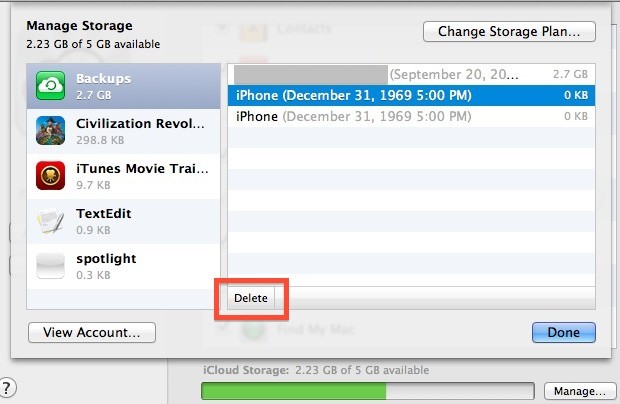 delete icloud nackups
