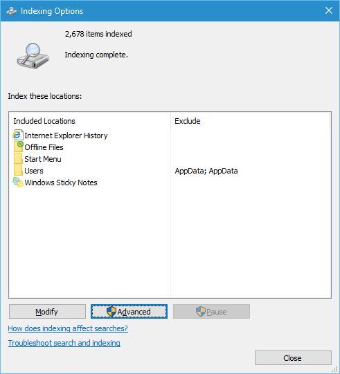 indexing option