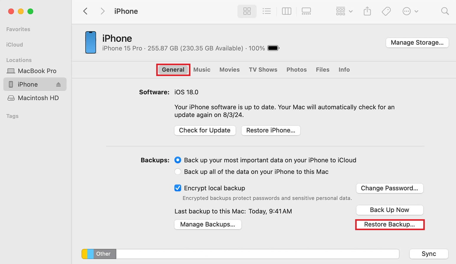 choose backup to restore