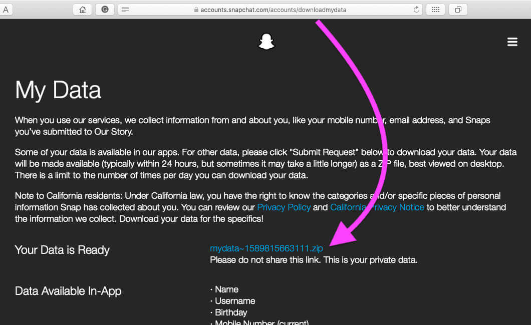 recover deleted snapchat messages by downloading the zip file