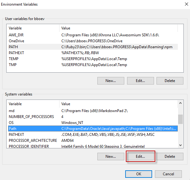 enviroment variable path and edit