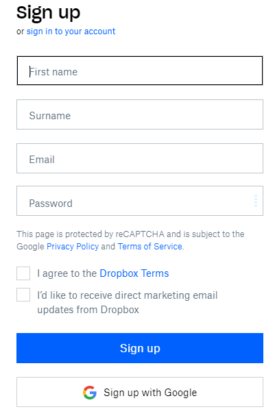 sign up dropbox